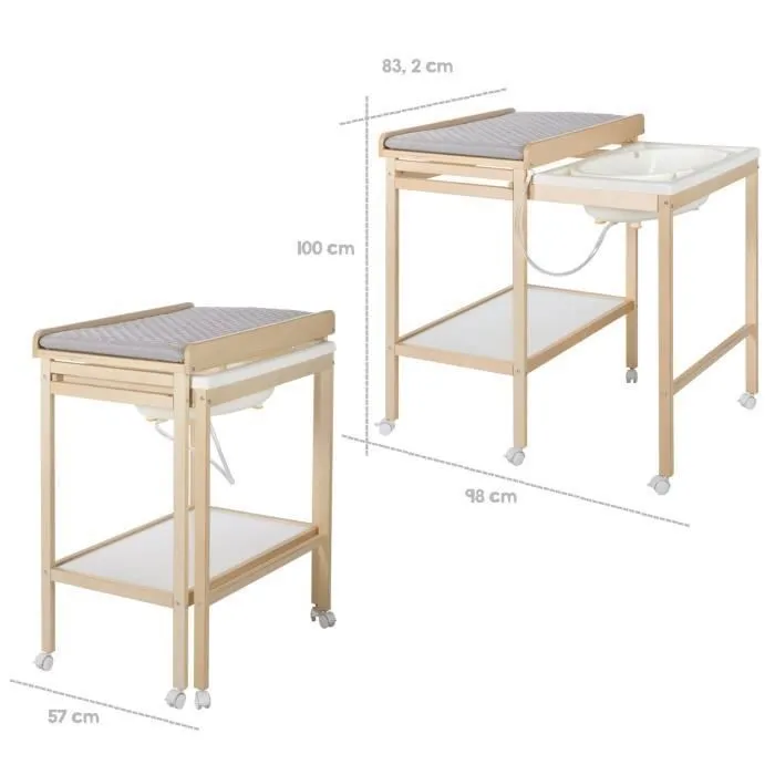 ROBA Table à Langer avec Baignoire Coulissante Baby Pool et Matelas à Langer Imperméable Gris - Bois Naturel / Blanc-1