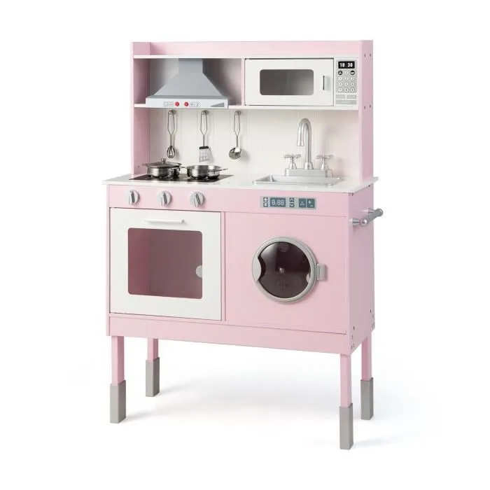COSTWAY Cuisine pour Enfants 3 Ans+ en Bois - 5 Accessoires, Effect Sons et Lumières avec Téléphone, Rose-0