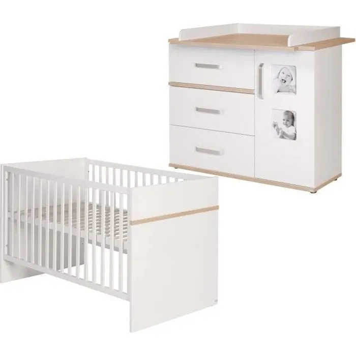 Chambre Bébé Duo Pia ROBA - Lit Évolutif 70x140 + Commode à Langer - Blanc / Chêne San Remo-0
