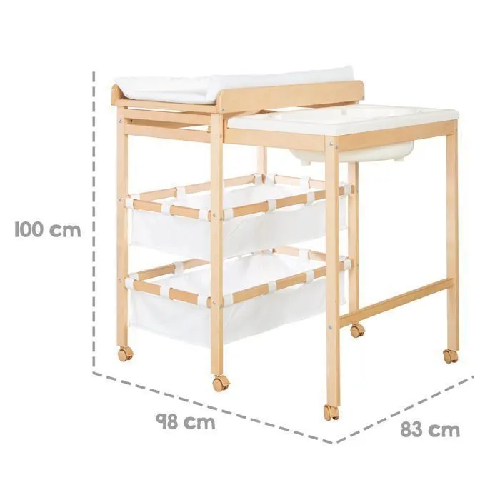 ROBA Table à Langer avec Baignoire Coulissante Baby Pool + Matelas à Langer Imperméable et Étagères en Tissu Blanc - Bois Naturel-3