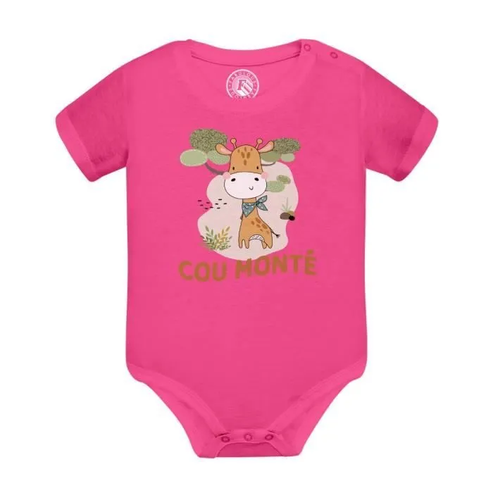 Body Bébé Manche Courte Rose Girafe Cou Monté Humour Dessin Illustration-0