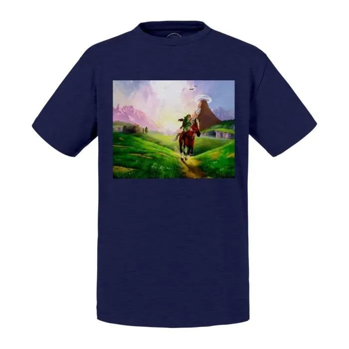 T-shirt Enfant Bleu Zelda Plaine Hyrule A Cheval Jeux Video-0