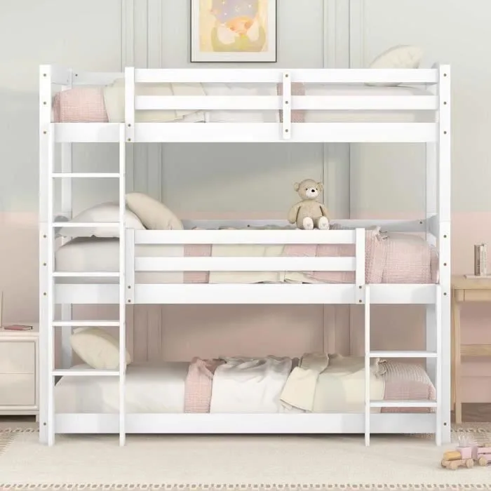 Lit superposé triples 3 x ( 90x200) cm  en bois - sommier lattes - blanc-1
