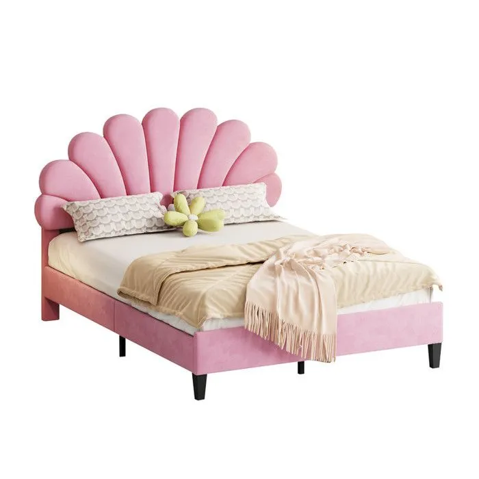 MODERNLUXE Lit double rembourré 140 x 200 cm, cadre de lit avec tête de lit fleurie et sommier à lattes, en tissu velours , rose-0