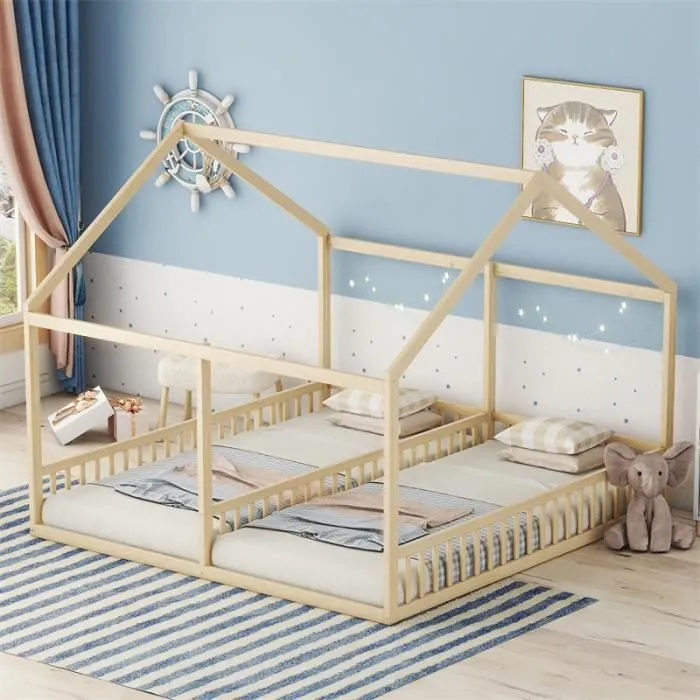 Lit cabane - Naturel - 90x200cm - 2 places - Bois massif - Design en forme de maison-0