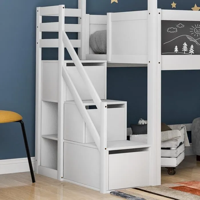 Lit combiné mezzanine enfant 90x200cm avec escalier, fenêtre, planche et 3 tiroirs, maison de jeu pour enfants en bois massif, blanc-2