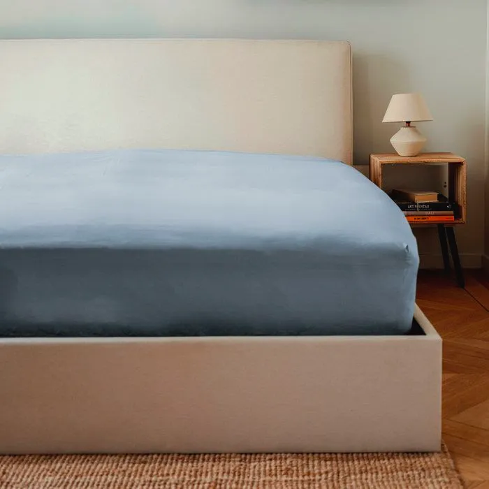 Drap housse percale de coton - 6 coloris au choix - Bleu gris / 140x200-2