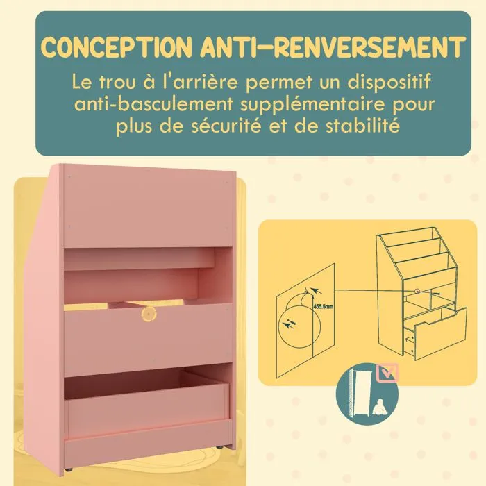 Bibliothèque HOMCOM étagère Multi-Rangement 3 étagères 2 niches Grand tiroir en bois Rose-5