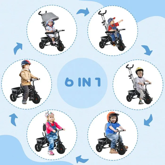 Tricycle Enfant HOMCOM évolutif Pare-Soleil Pliable Canne télescopique Amovible 95 x 50 x 106 cm Acier Gris Noir-5