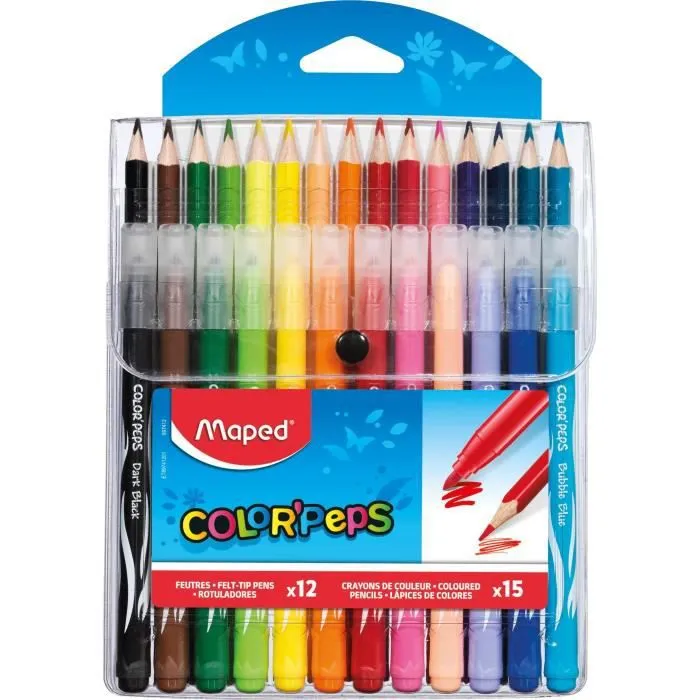 Crayons de couleurs et feutres Color'peps - Maped - Etui de 15 crayons + 12 feutres