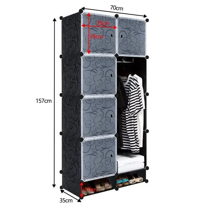 HENGMEI Armoire de rangement 8 boîtes avec porte DIY Étagère Système Penderie à monter soi-même, Noir-0