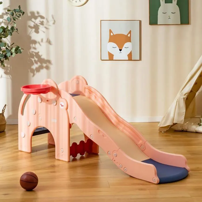 Toboggan 4 en 1 COSTWAY avec Panier de Basket, Ball, Escalade et pompe à ball - Jeu Intérieur-Extérieur Enfant dès 18 Mois Rose-5