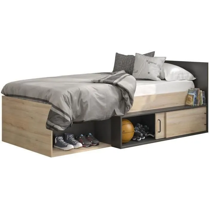 GAMI Erquy Lit enfant avec rangement - Décor Chêne Kronberg clair et Noir - 90 x 200 cm-0