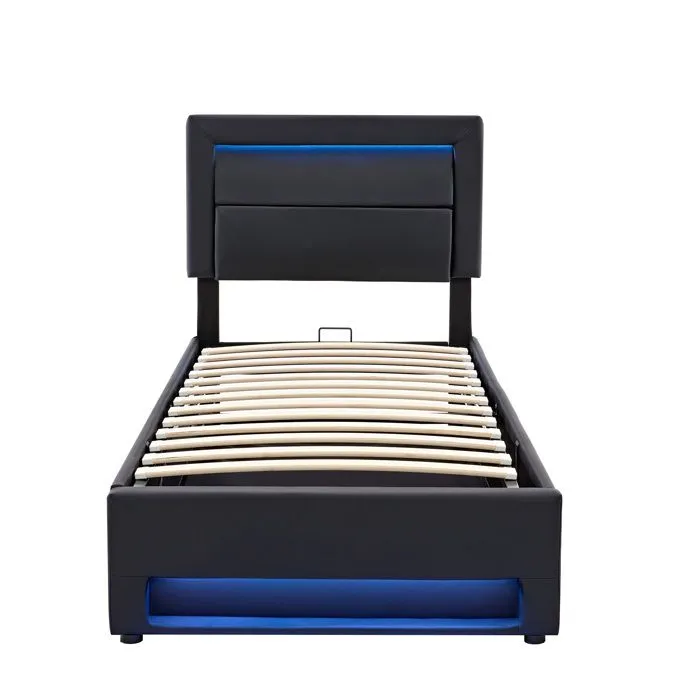 Lit coffre - Noir - 90x200 cm - Similicuir - LED - Ports de recharge USB-4