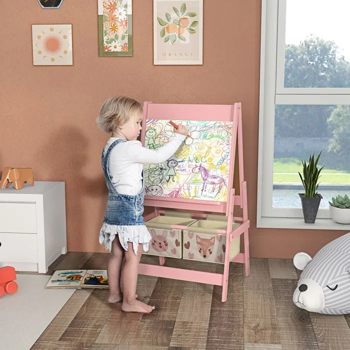 Tableau chevalet enfant - AIYAPLAY - double face - tableau blanc - tableau à craie rouleau papier - 2 paniers - rose-1