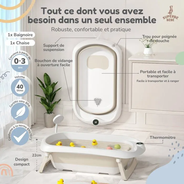 Baignoire bébé pliable - Thermomètre et transat inclus - LEAF - Beige | SUPERBE BEBE-1