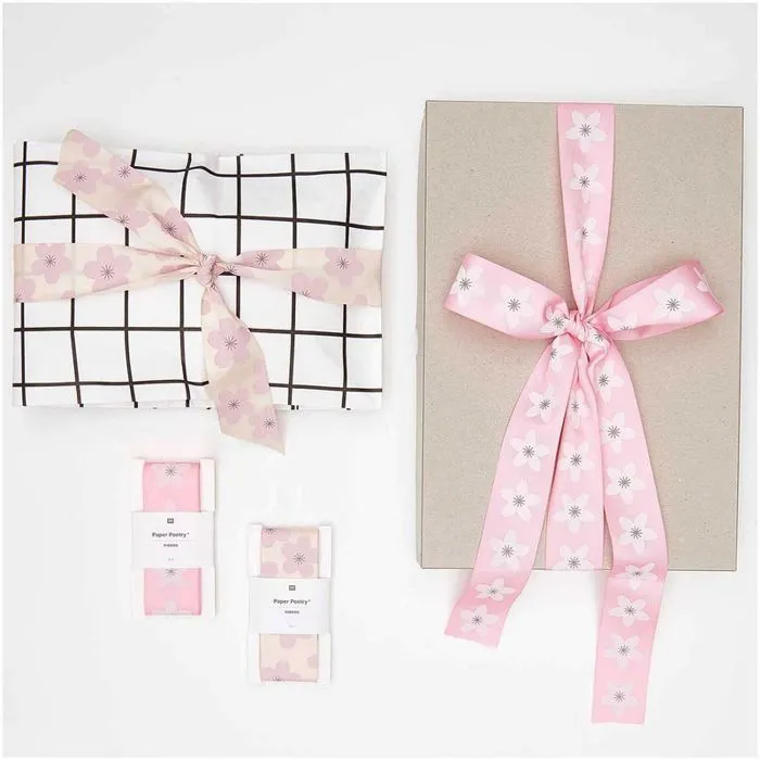 Ruban de taffetas rose poudré - motif Sakura-2