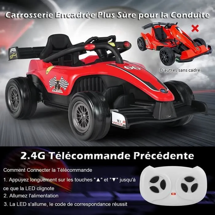 COSTWAY Voiture Électrique 12V7Ah pour Enfants 3 - 7 Ans, F1 Racing, 2 à 5 KM/H, Télécommande 2.4G, LED, USB, Klaxon, MP3, Rouge-3