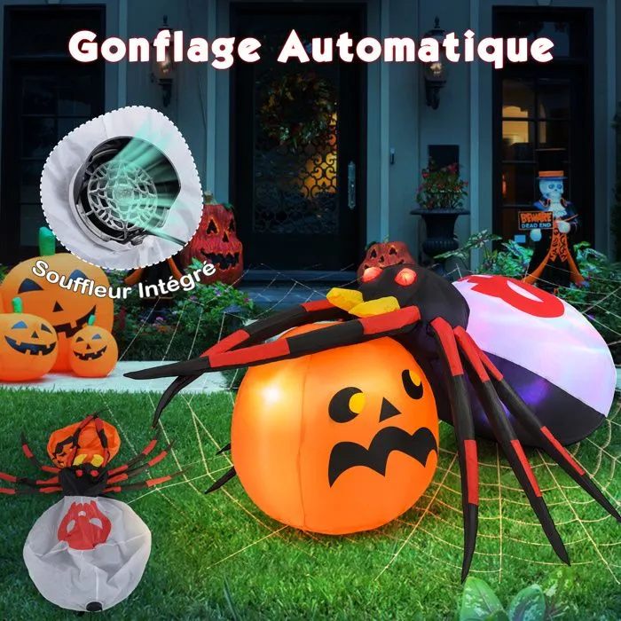 COSTWAY Citrouille de Araignée Gonflable 150x140cm, Décoration d'Halloween LED de Citrouille Gonflable avec Lumière Rotative Colorée-3