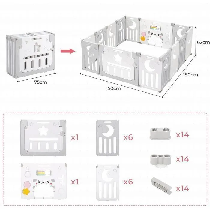 Parc Bébé Pliable 14 Panneaux 150×150 cm, Parc bebe modulable plastique, Parc Bebe avec Porte et Panneau d'activité-3