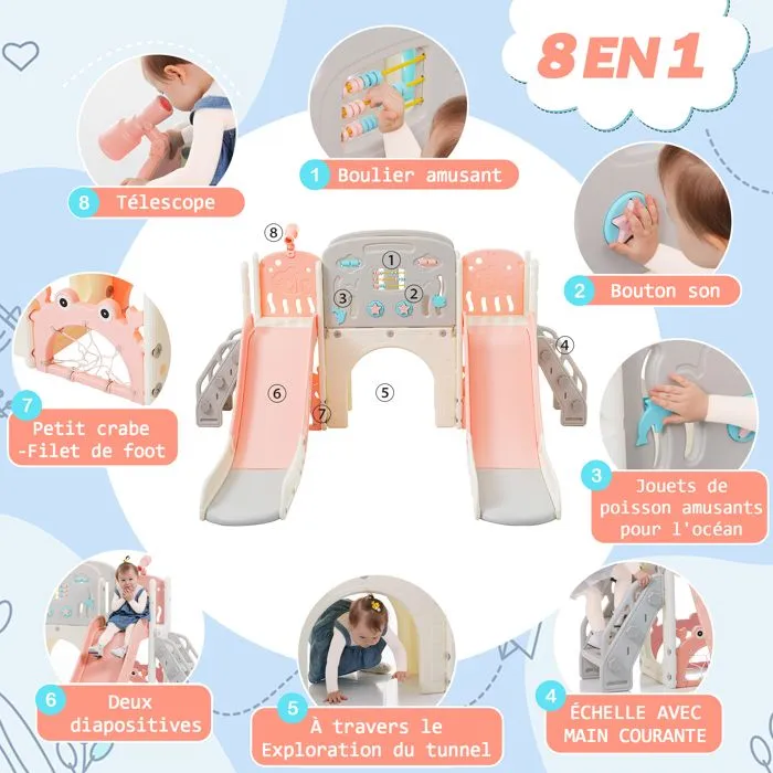 Aire de jeux pour enfants - Créatures marines - 8 en 1 - Toboggan - Tunnel - Télescope-2