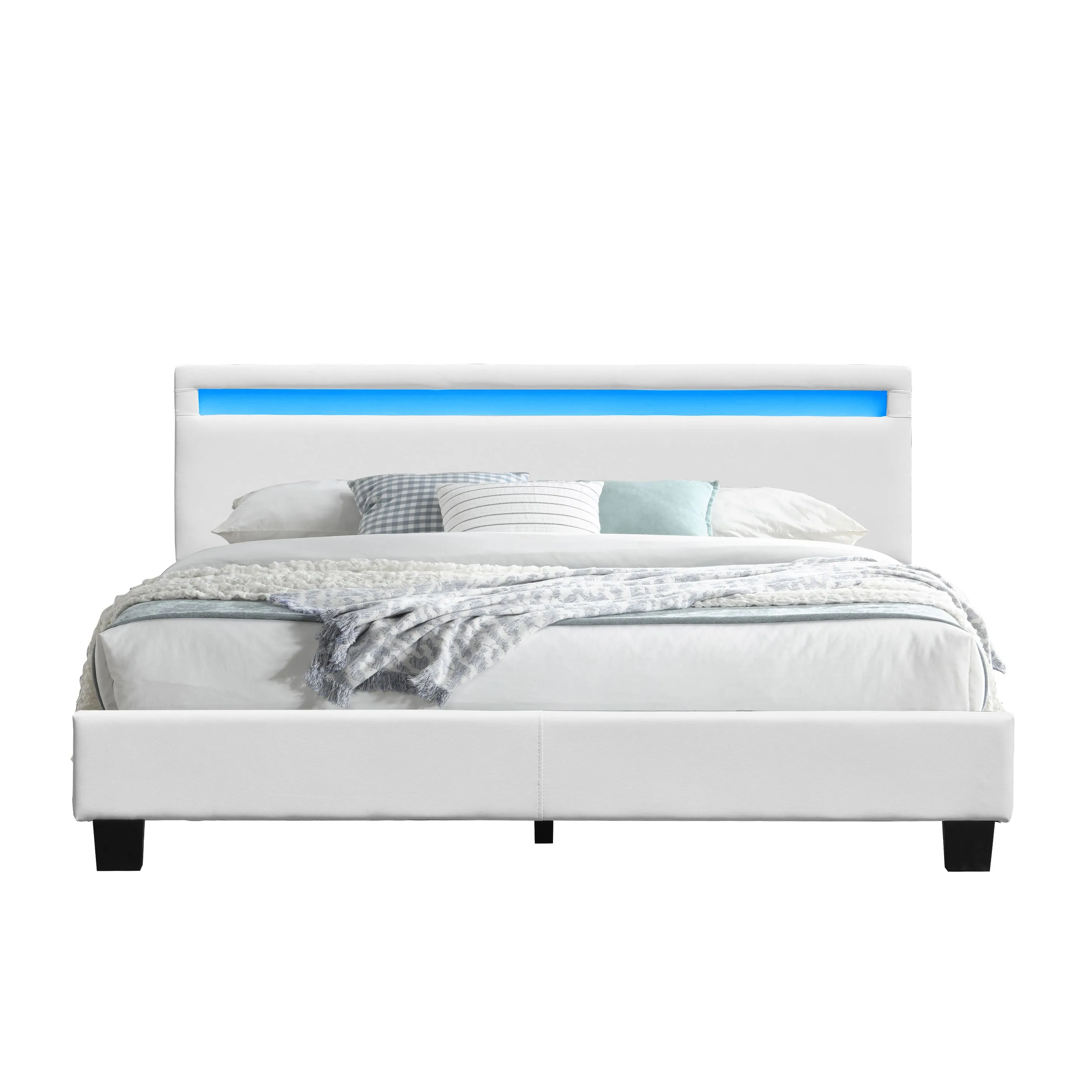 angel - Solide et Confortable Lit 140x190 avec Sommier Tte de Lit avec Eclairage LED Couleur BLANC Pieds en 10-0