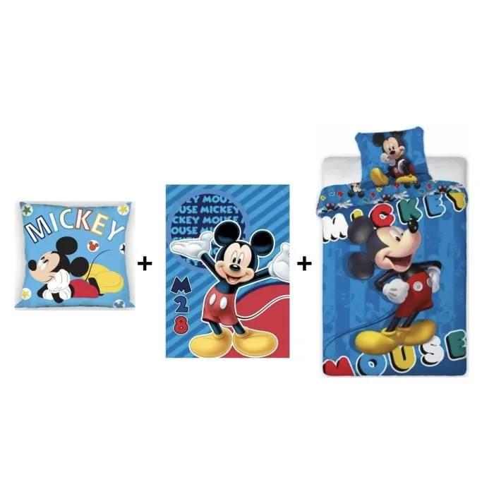 Parure de couette - Disney - Mickey - 140 x 200 cm - Coussin 35 x 35 cm - Plaid 100 x 140 cm-0