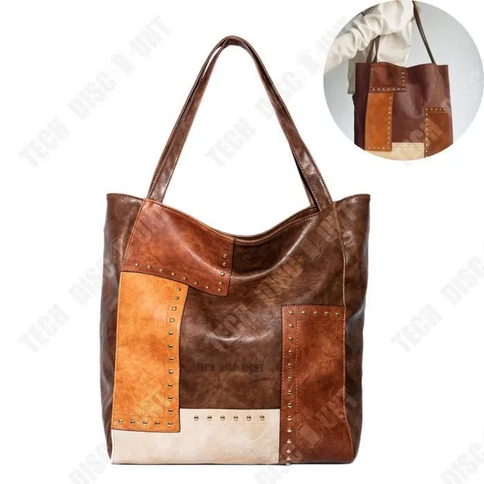 TD® Mode rétro européenne et américaine Rivet contraste couleur couture une épaule Portable fourre-tout femme grande capacité sac-0
