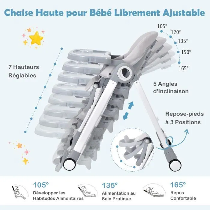 COSTWAY Chaise Haute Bébé Pliante-à Roulettes-Frein en une Etape-Doubles Plateaux Amovibles-Hauteur Réglable-Accoudoirs Rabattables-2