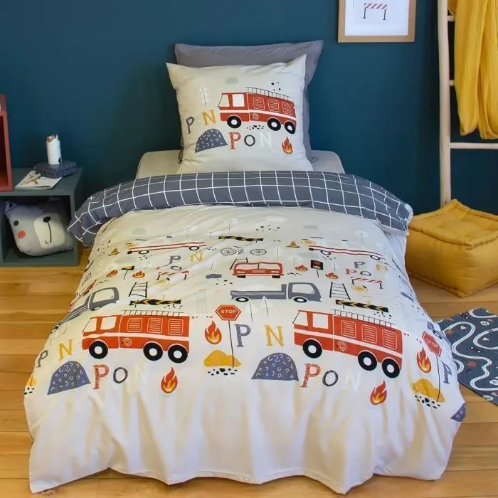 Parure de lit imprimée 140x200 cm Enfant réversible- Housse de Couette + 1 Taie d'oreiller Motif Pompier Bleu et Beige– Microfibre-0