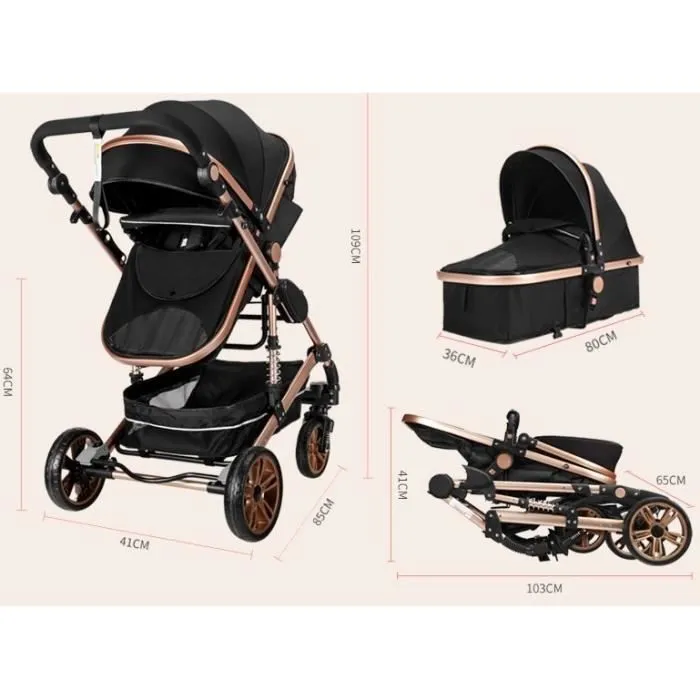 Poussette Bébé Combinée Trio Pack 3 en 1 Rose Chassis Haut a Absorption de Chocs Pliable Siege Auto Réversible Roues Increvables-3