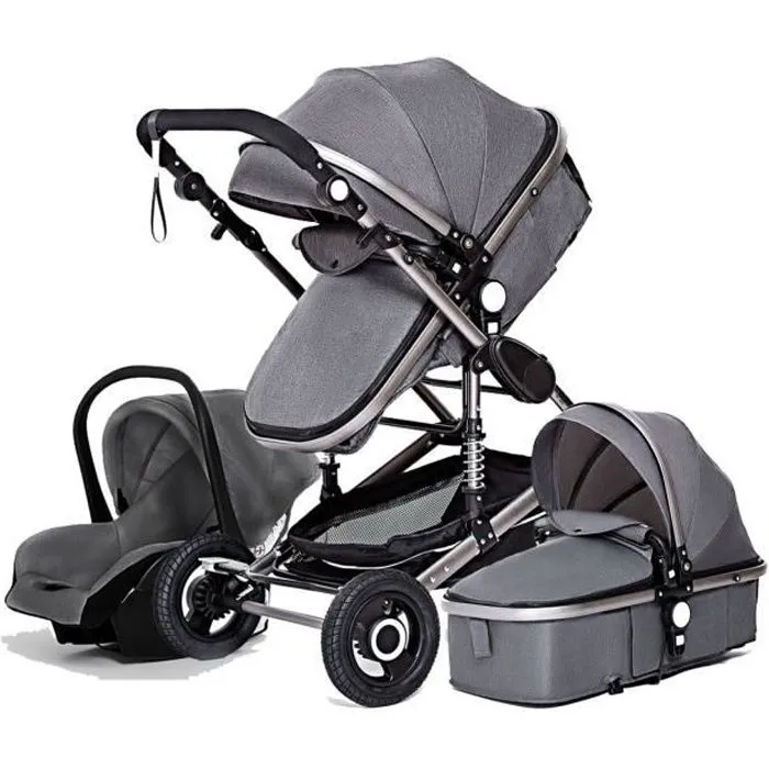 Poussette Bébé Combinée Trio Pack 3 en 1 Gris Chassis Haut a Absorption de Chocs Pliable Siege Auto Réversible Roues Increvables-0