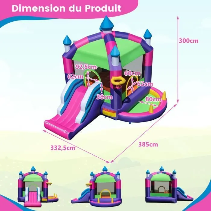 COSTWAY Château Gonflable 5 en 1 avec Toboggan et Toit, 385 x 332,5 x 300 cm, Intérieur et Extérieur pour Enfants 3 ans+-3