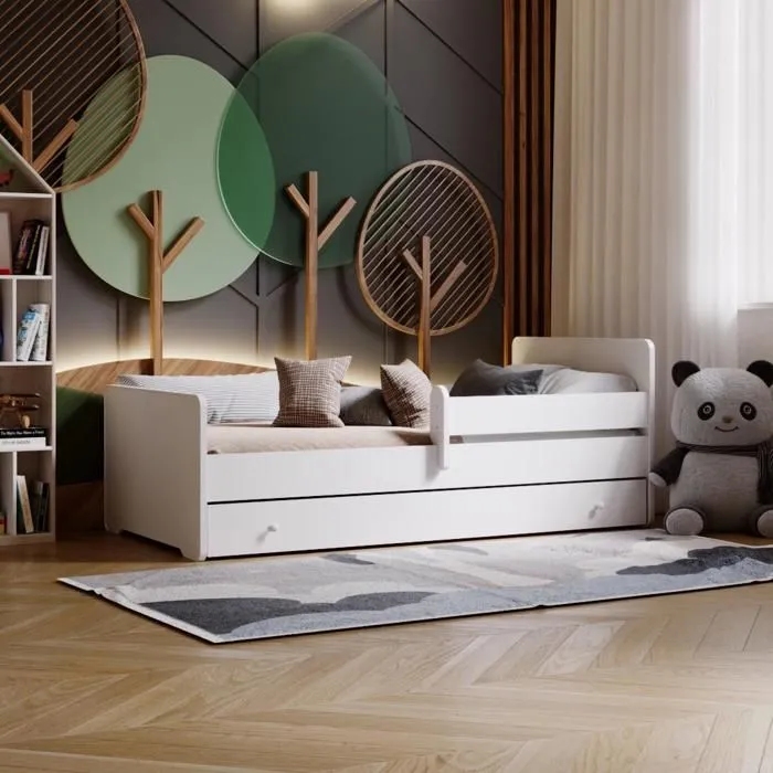 Lit d'enfant Complet 80x160 cm MAX sommier, barrièreères, tiroir, matelas pour Filles garçons lit Simple - BLANC-0