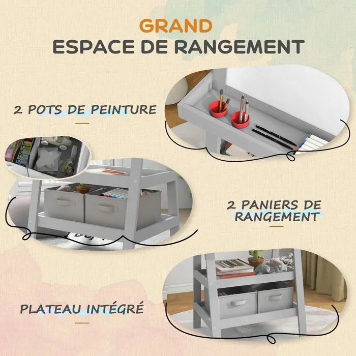 Tableau chevalet enfant AIYAPLAY 3 en 1 tableau blanc magnétique, tableau à craie rouleau papier 2 paniers intégrés - 3-6 ans gris-5
