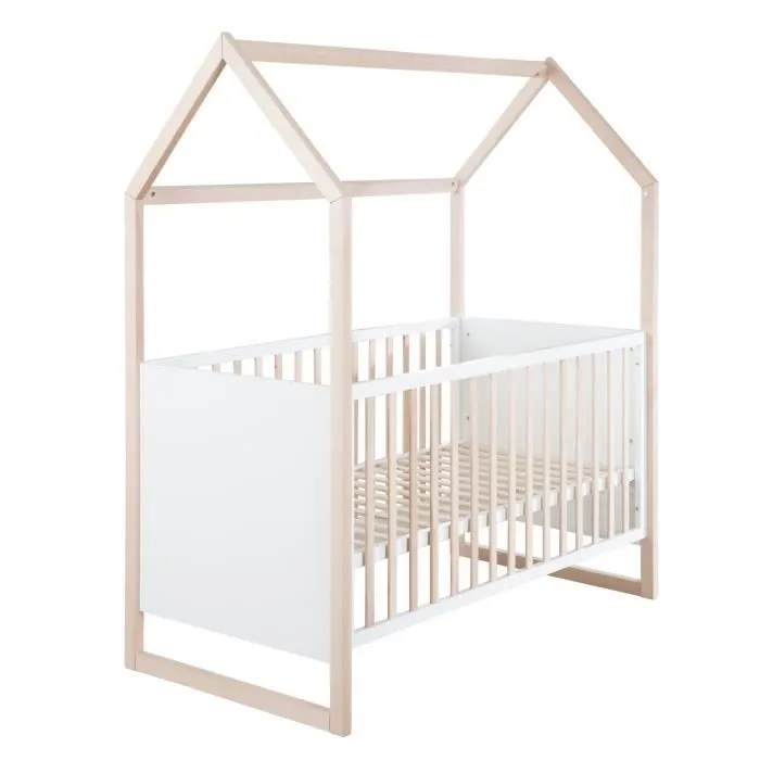 ROBA Lit Bébé Cabane 70 x 140 cm - Convertible + Réglable en Hauteur - Lit Évolutif avec 3 Barreaux Amovibles - Bois Naturel - Blanc-0