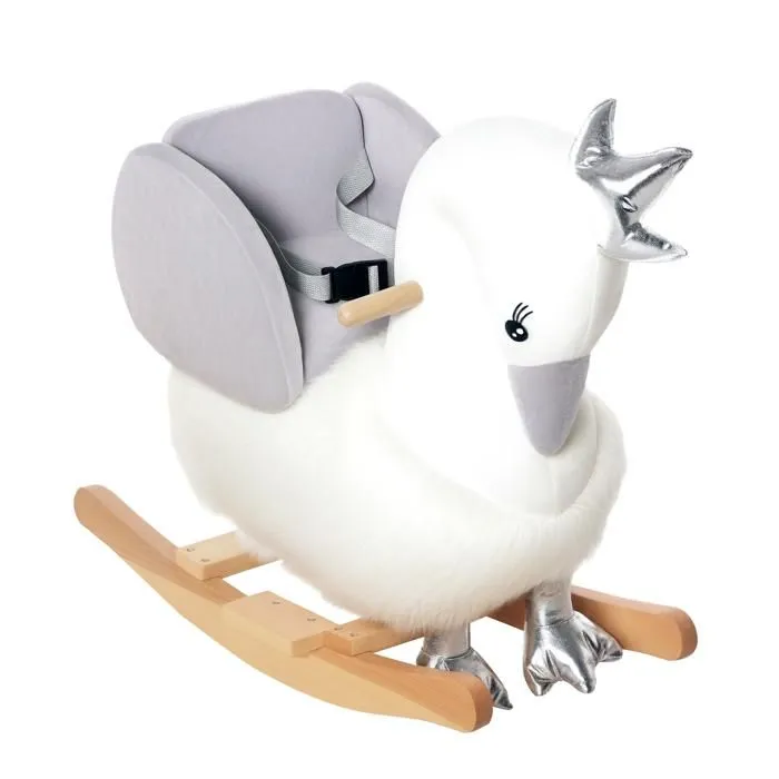 Cheval à bascule modèle cygne fonction musicale selle grand confort peluche courte douce bois peuplier blanc et gris dim. 60L x 33l-0