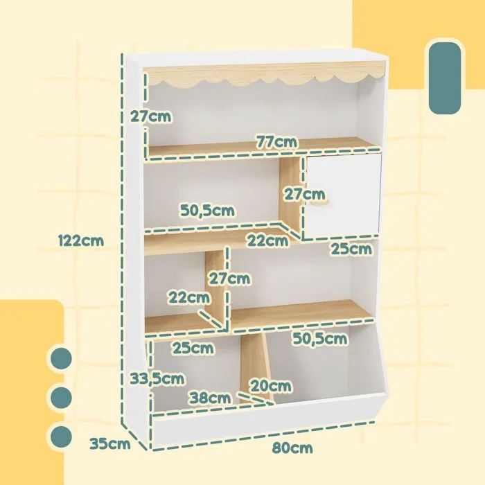 Bibliothèque enfant AIYAPLAY rangement livre enfant meuble de rangement pour jouets avec 4 étagères, 2 casiers et placard, blanc-3