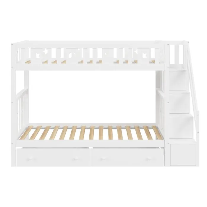 Lit superposé en bois massif  90x200 cm- avec escalier de sécurité - escalier de rangement - 2 tiroirs - sommier à lattes - blanc-3