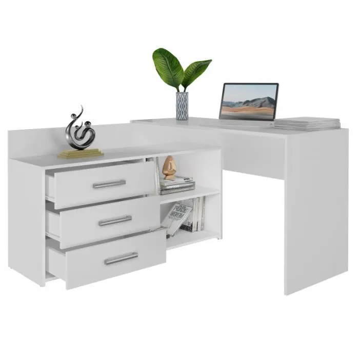 MOLINE - Bureau d'angle avec rangement - 3 tiroirs + 2 etagères - 120x50x76 cm - Bureau d'ordinateur-1