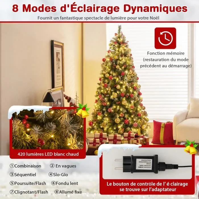 COSTWAY Sapin de Noël Pré-Éclairé Artificiel de 195cm avec 420 Lumières LED, 8 Modes d'Éclairage, Baies Rouges & Pommes de Pin-2