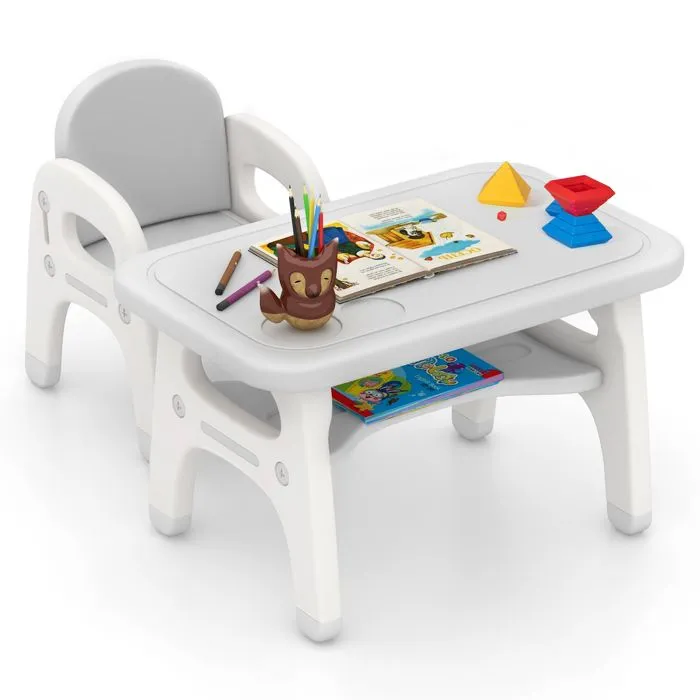COSTWAY Ensemble Table et Chaise pour Enfants 1-5ans avec Décor Dinosaure Jeux de Construction Plateau de Rangement Plastique Gris-0