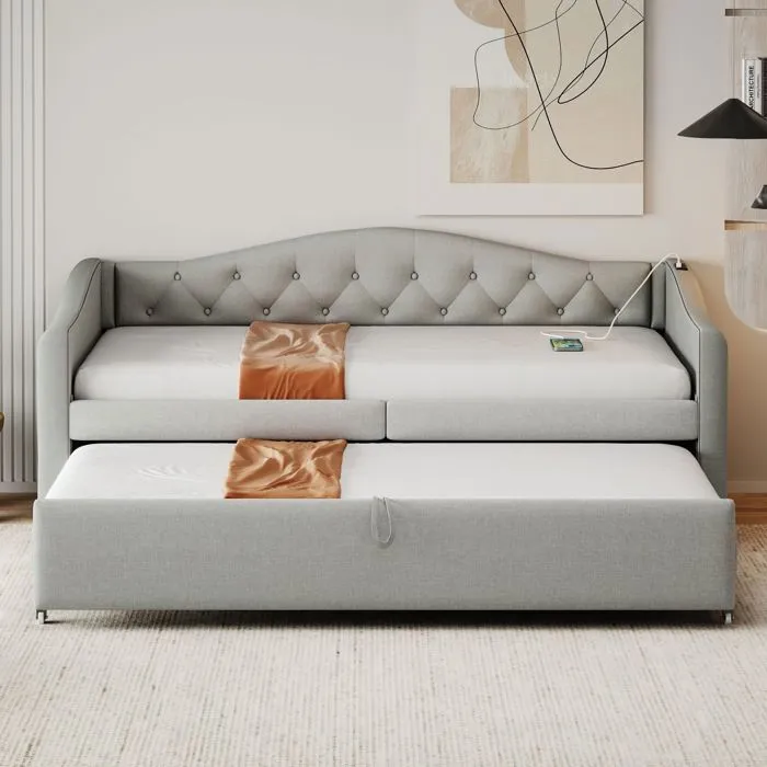 Canapé-lit extensible - Non spécifié - 90x200 cm - Port USB - Tissu lin - Gris-0