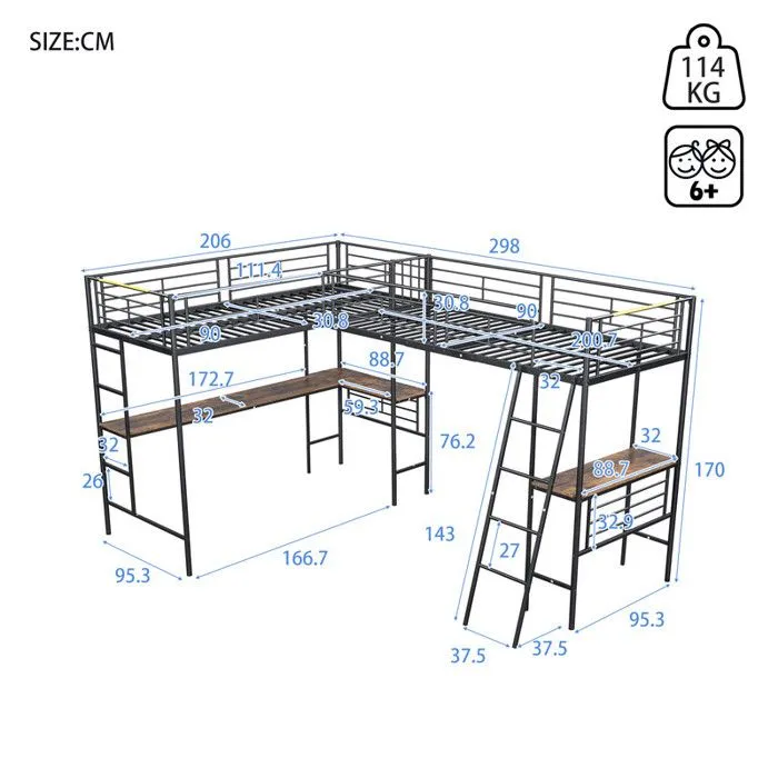 Lit mezzanine - Noir - 90x200cm - Table sous le lit - Double escalier - Garde-corps hauts-3