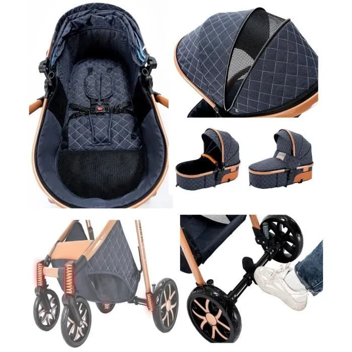 Poussette 3 en 1 Bébé Combinée Siège-Auto Landau Nacelle Réglable Sac à Langer Haute Qualité Poussette Canne Gris Clair-1