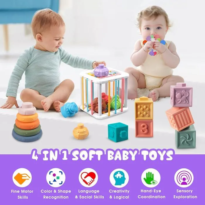 Jeux de Bébé Montessori 6 mois - 3 ans 4 en 1 Anneaux Empilables en Cube Souple Jeux de Corde à Tirer Jouets éducatifs Sensoriel-2