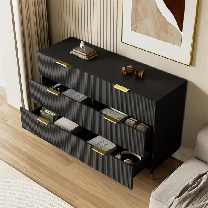 Commode 120x77x40cm - Commode à 6 tiroirs avec poignées dorées, armoire de rangement - élégant au design moderne - Noir-1