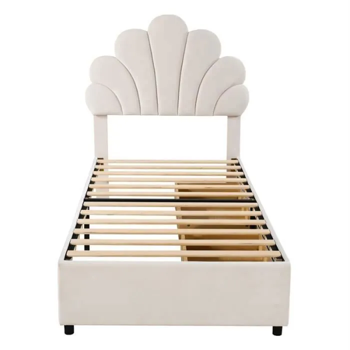 Lit modulaire - DREAMMESPACE - 90x200cm - Tête de lit fleurie - 2 tiroirs - Velours beige-2