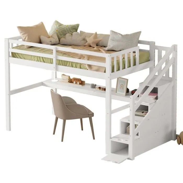 ModernLuxe Lit mezzanine 90x200cm, lit enfant avec escalier de rangement et bureau, sommier à lattes, cadre en pin, blanc-1