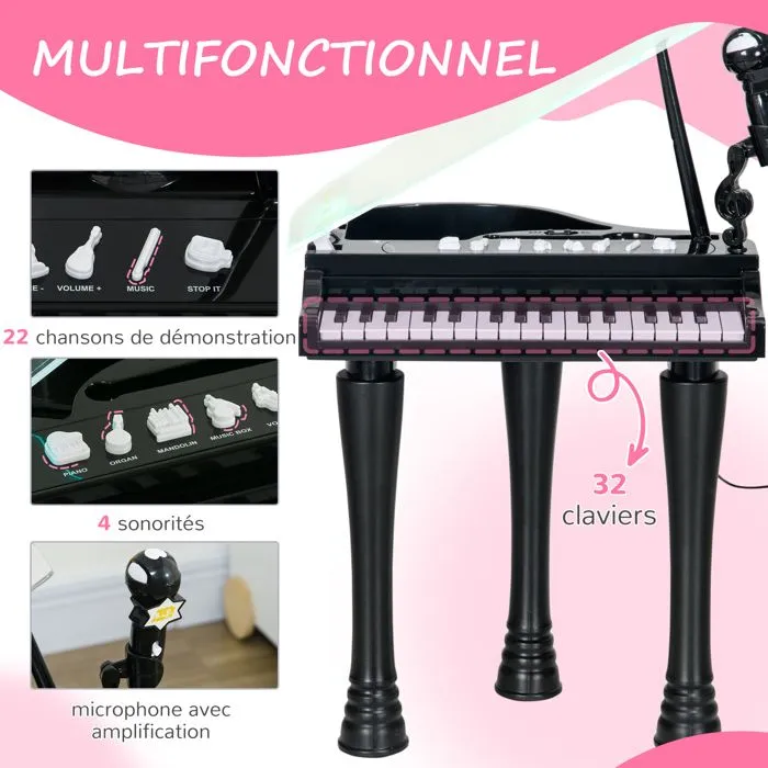 AIYAPLAY Piano enfant électronique, clavier de piano, 32 touches multifonctions, avec micro haut parleur et tabouret-4